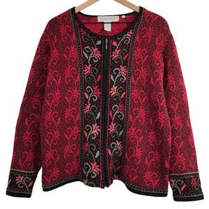 VTG Nomadic Traders Floral Damask Zip Up Cardigan Sweater Sz XL Red Black 80s